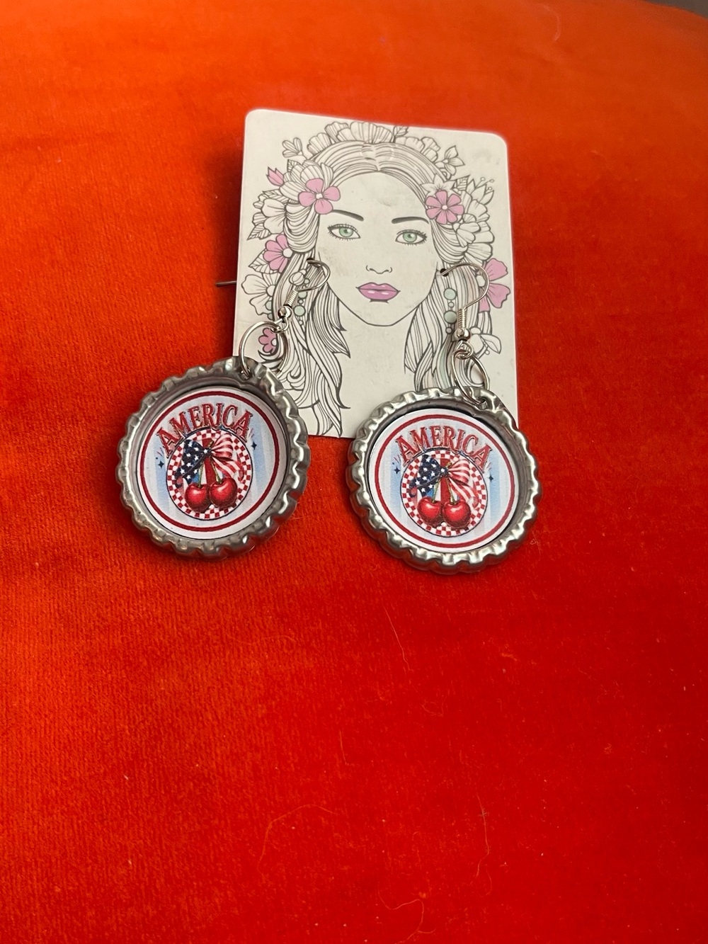 Patriotic Cherry Bottle Cap Dangle Earrings - Red